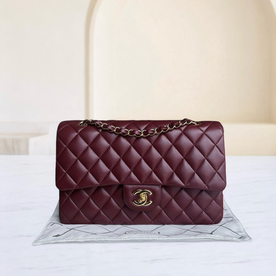 Chanel Classic Flap Medium - 25CM Quilted Lambskin Burgundy Dark Red Gold Hardware Series 21