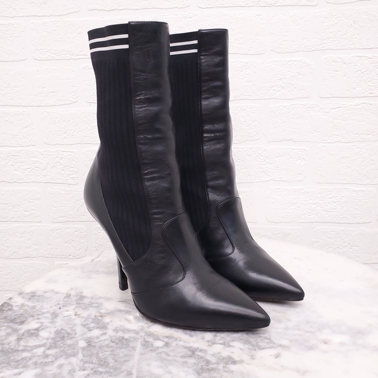 FENDI BLACK LEATHER SOCK BOOTIES - SIZE 38