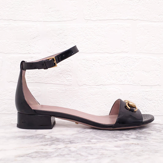 GUCCI BLACK PATENT HORSEBIT SANDALS - SIZE 38