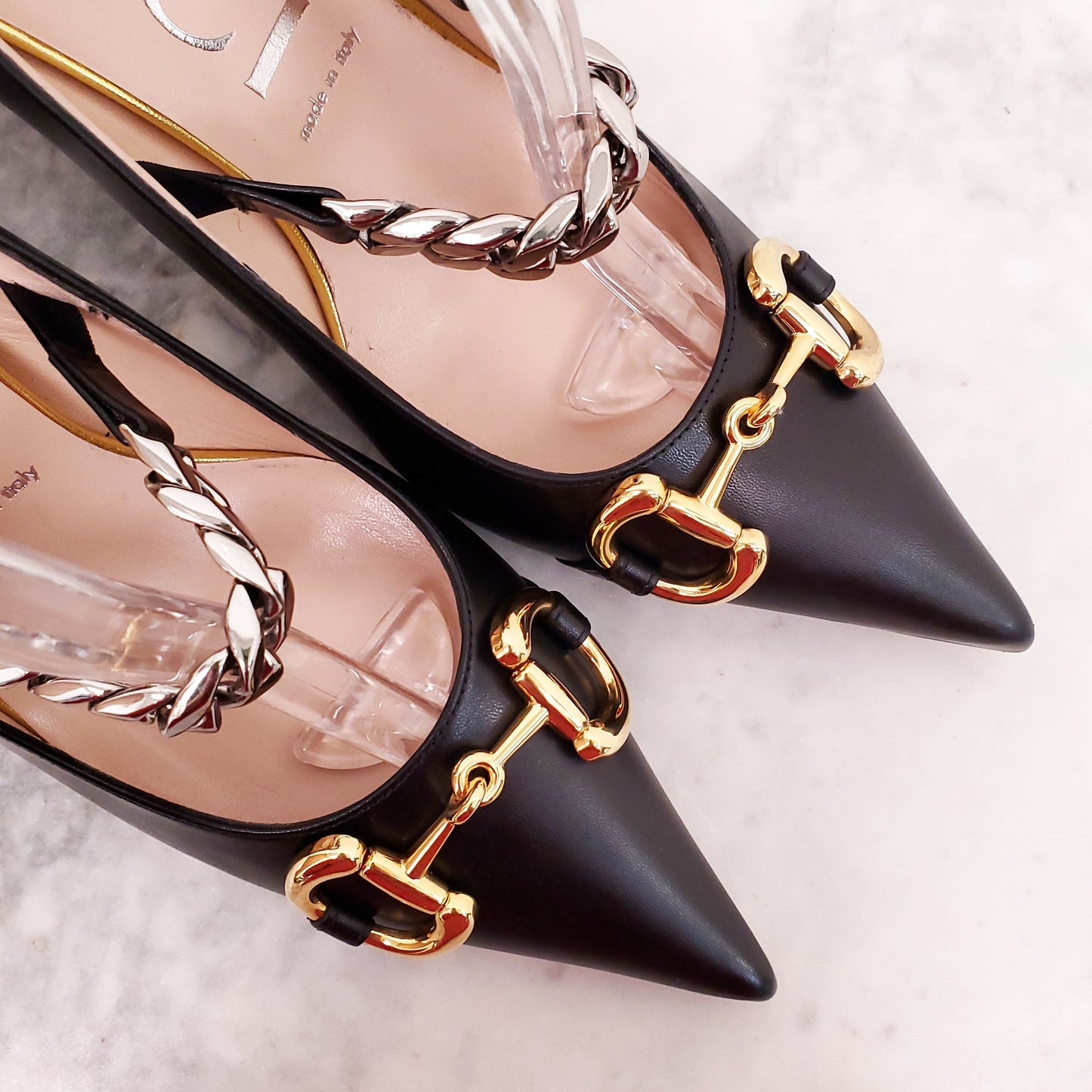 GUCCI BLACK SYLVIE CHAIN HEELS - SIZE 40