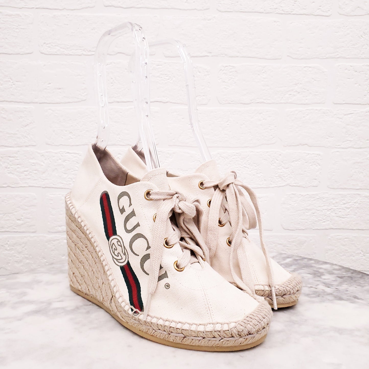 GUCCI CREAM CANVAS LOGO ESPADRILLE WEDGES - SIZE 38.5