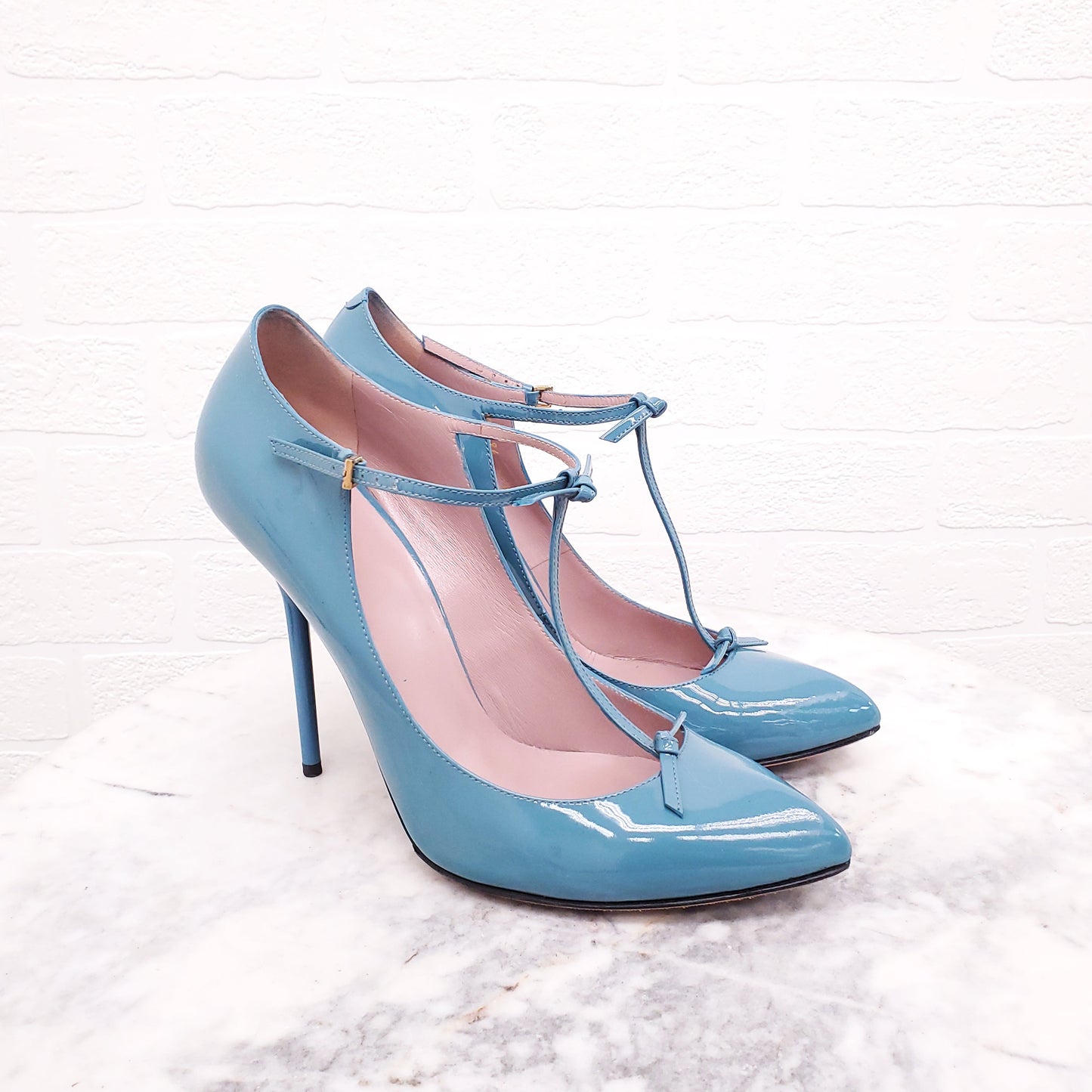 GUCCI PATENT TURQUOISE HEELS WITH BOW - SIZE 41.5
