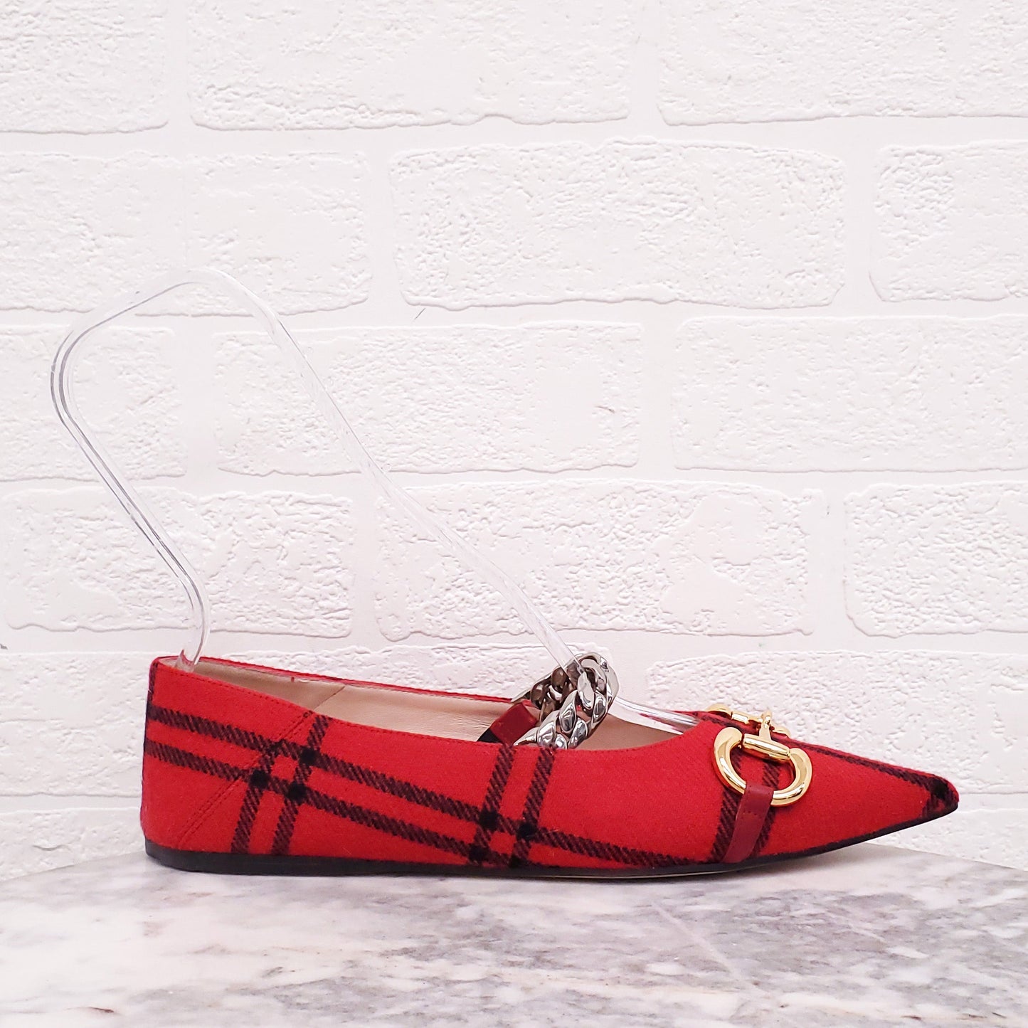 GUCCI PLAID FLATS WITH CHAIN LOGO DETAIL - SIZE 38