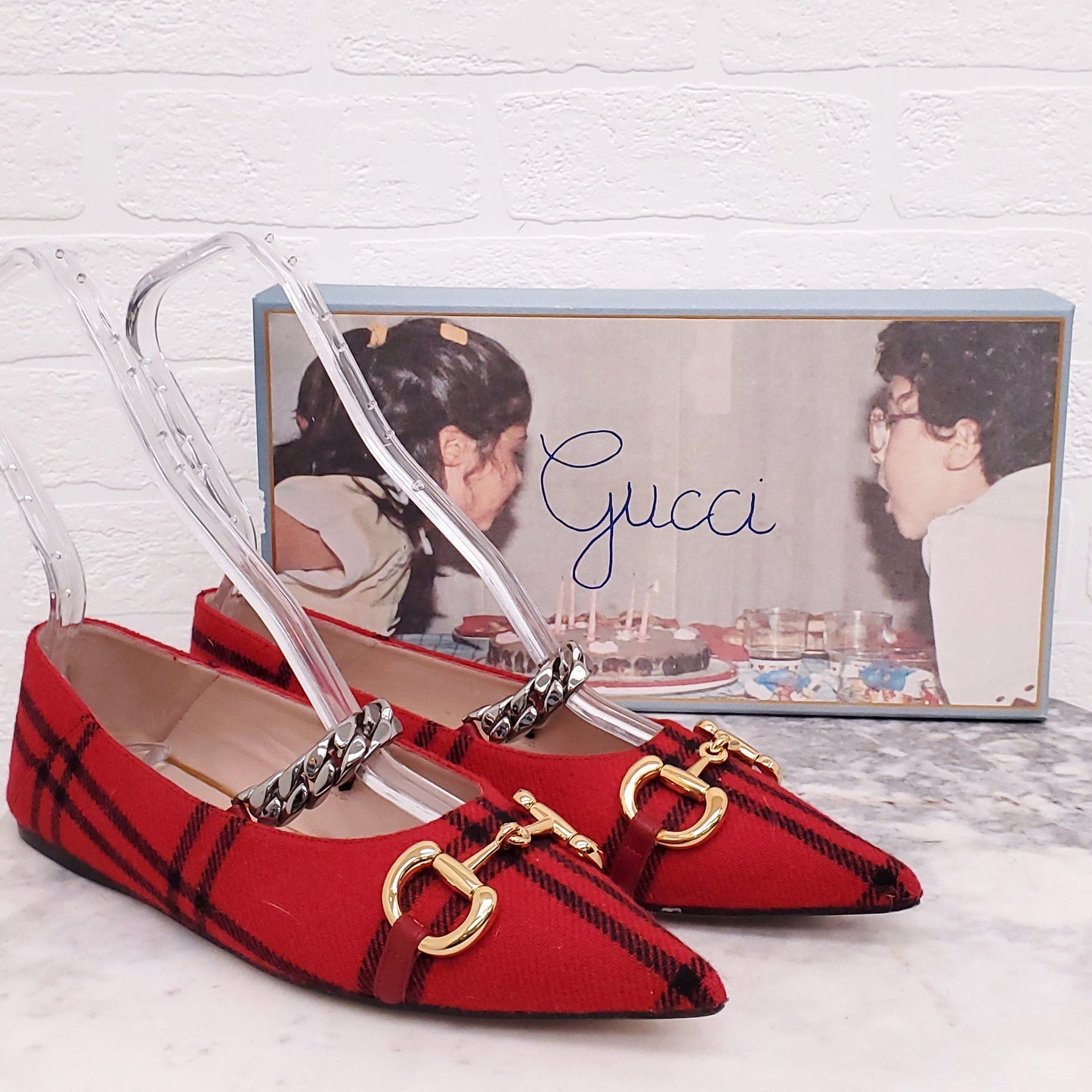 GUCCI PLAID FLATS WITH CHAIN LOGO DETAIL - SIZE 38