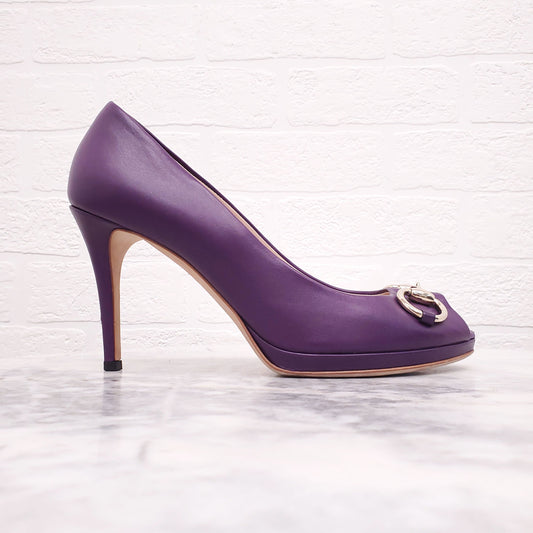 GUCCI PURPLE HORSEBIT PEEP TOE HEELS - SIZE 38.5