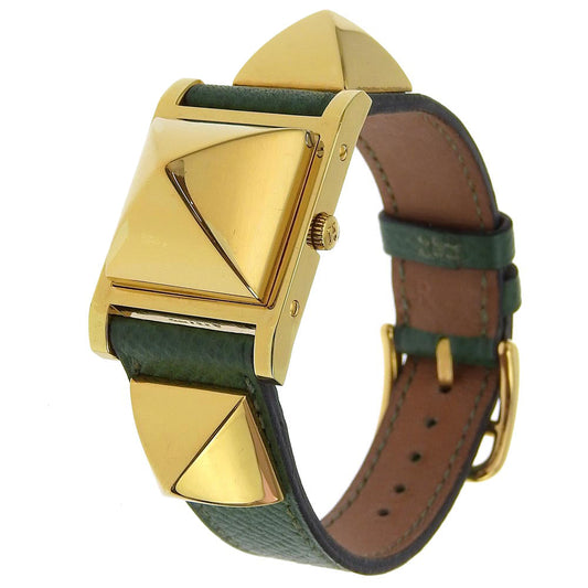 HERMES Watches Quartz Plated Gold , Leather green Medor White dial Women  d