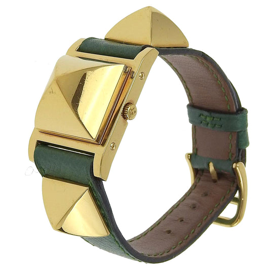 HERMES Watches Quartz Plated Gold , Leather green Medor White dial
