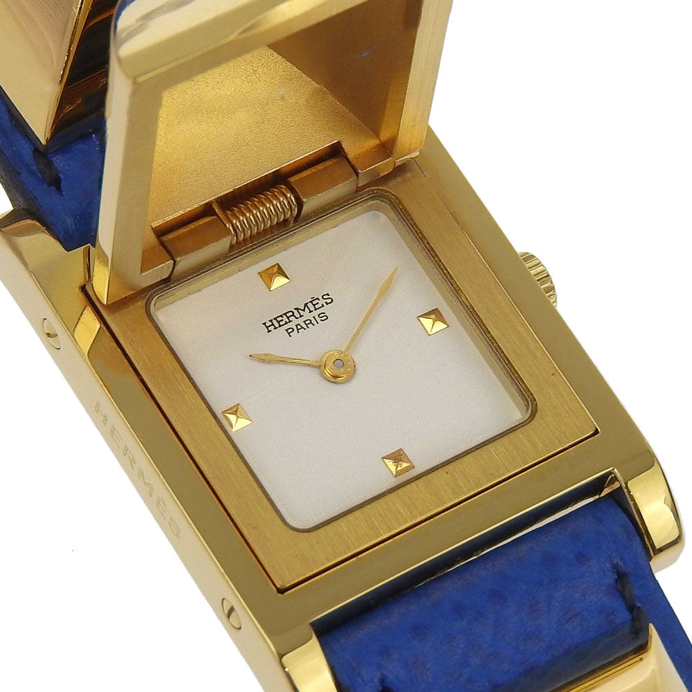 HERMES Watches Quartz Plated Gold, embossed leather gold Medor White dial