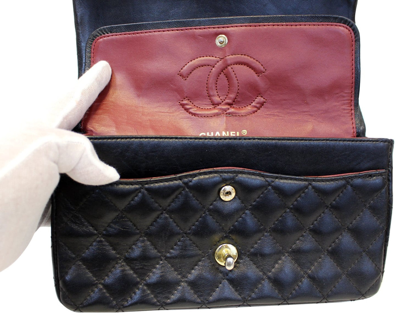 CHANEL Quilted  Leather Double Flap Classic Medium Black Bag