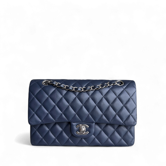 Chanel Classic Flap Medium - 25CM Quilted Lambskin Dark Blue Silver Hardware Series 22