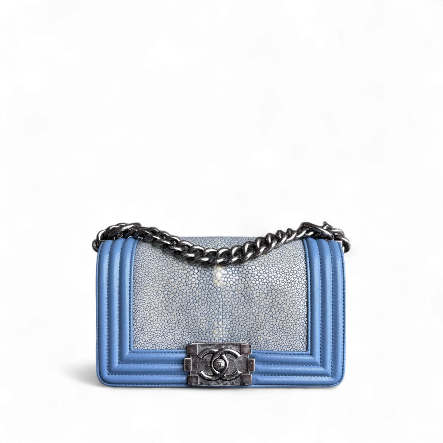 Chanel Boy Small - Stingray Light Blue Ruthenium Silver Hardware Series 22