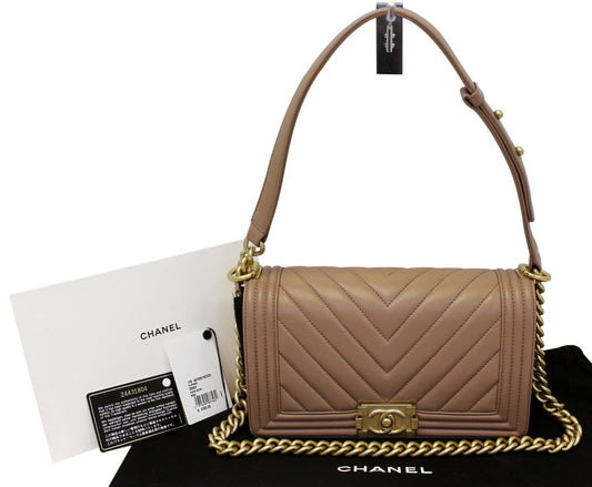 CHANEL  Chevron Quilted Dark Beige Medium Boy Flap Bag
