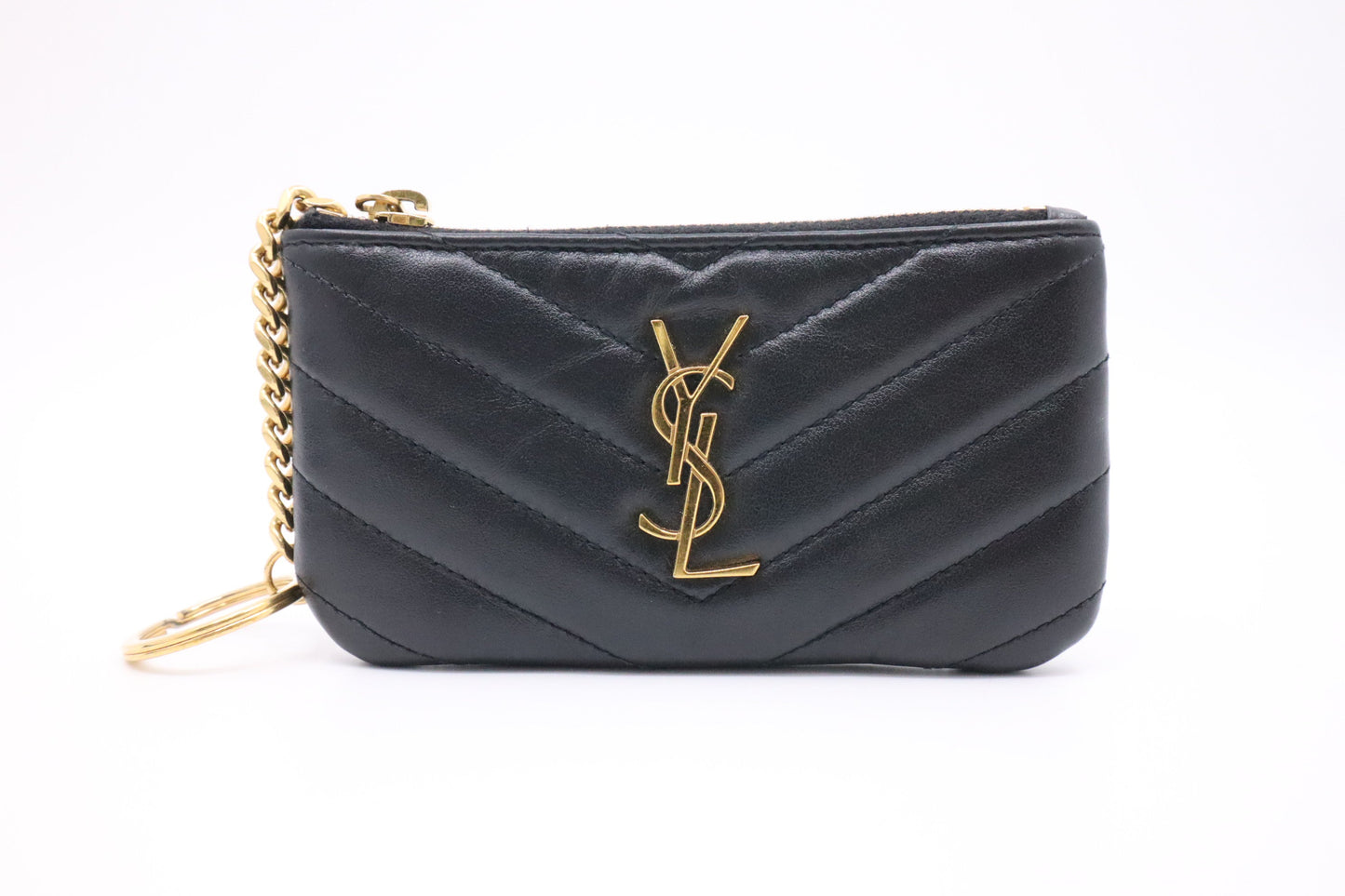YSL Saint Laurent Coin Case in Black Chevron Leather