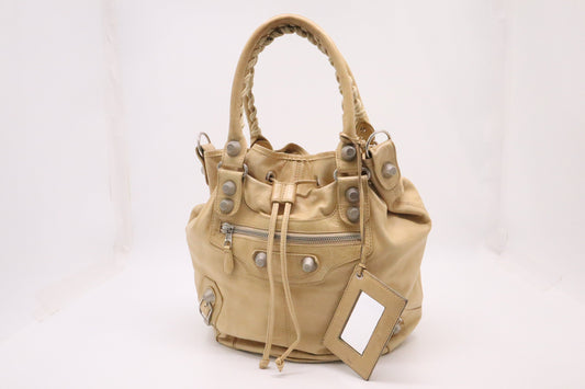 Balenciaga Pompon Shoulder Bag in Beige Leather