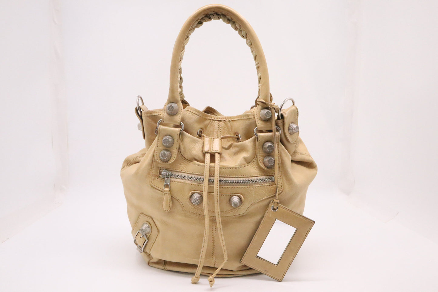 Balenciaga Pompon Shoulder Bag in Beige Leather