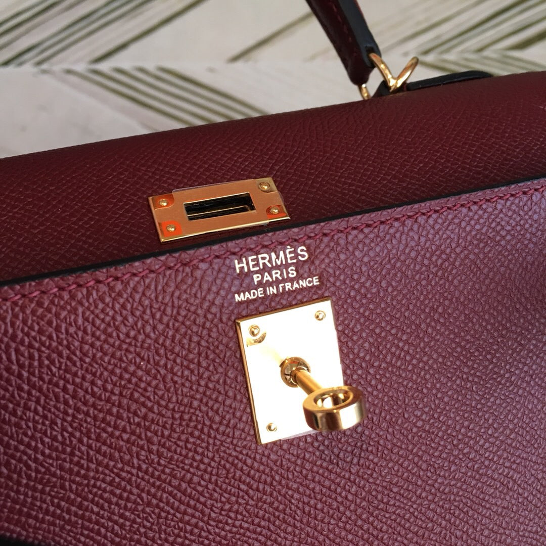 Top Quality Kelly Burgundy For Women Gold Toned Hardware 10in/25cm