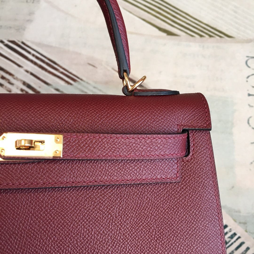Top Quality Kelly Burgundy For Women Gold Toned Hardware 10in/25cm