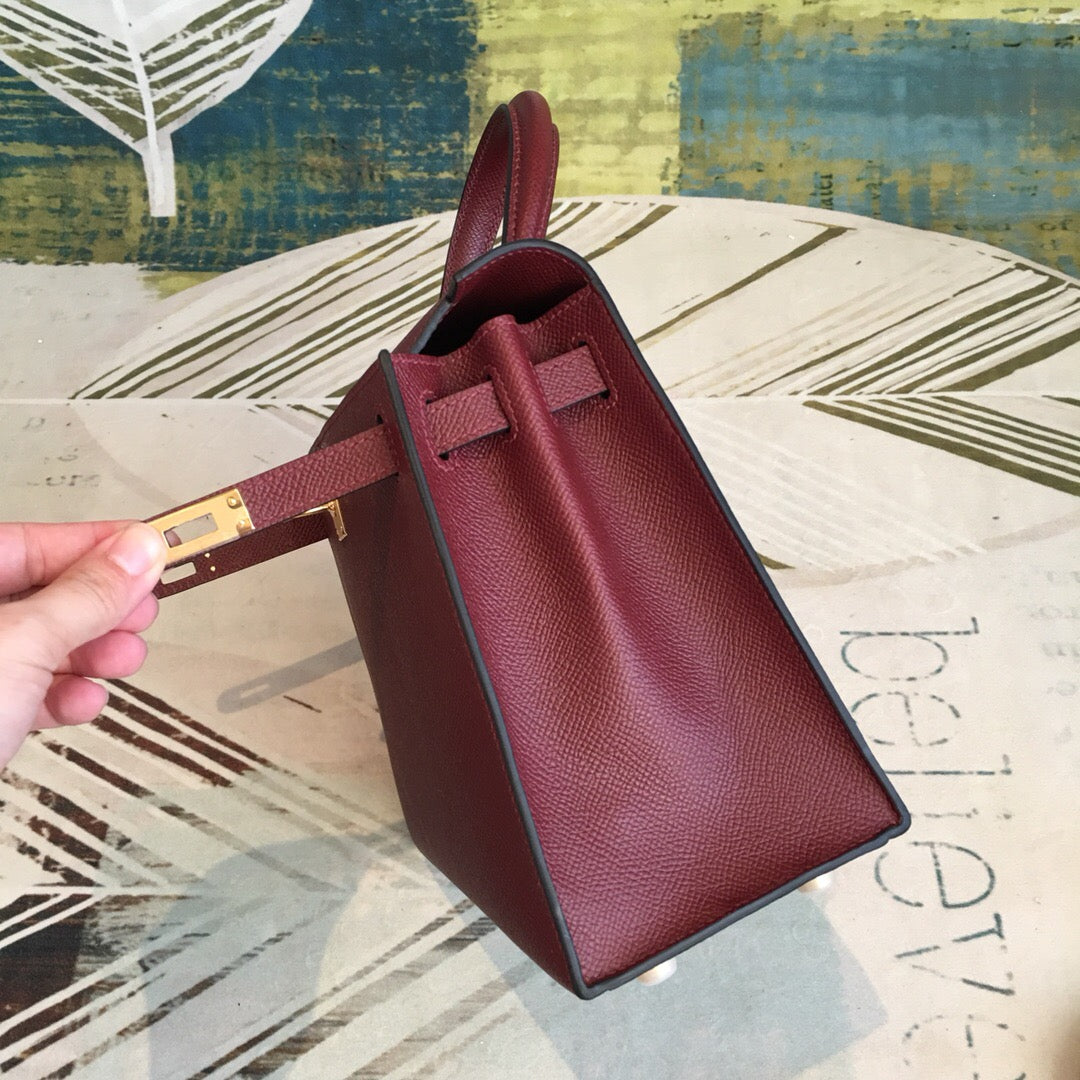 Top Quality Kelly Burgundy For Women Gold Toned Hardware 10in/25cm