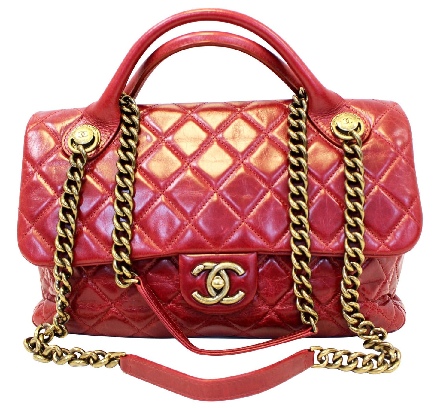 CHANEL Red Quilted Glazed  Leather Large Castle Rock Top Handle Bag