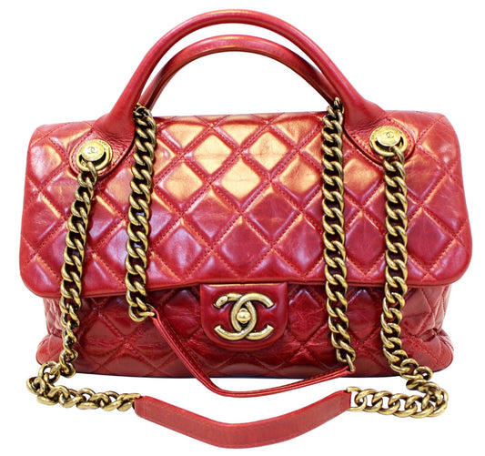 CHANEL Red Quilted Glazed  Leather Large Castle Rock Top Handle Bag