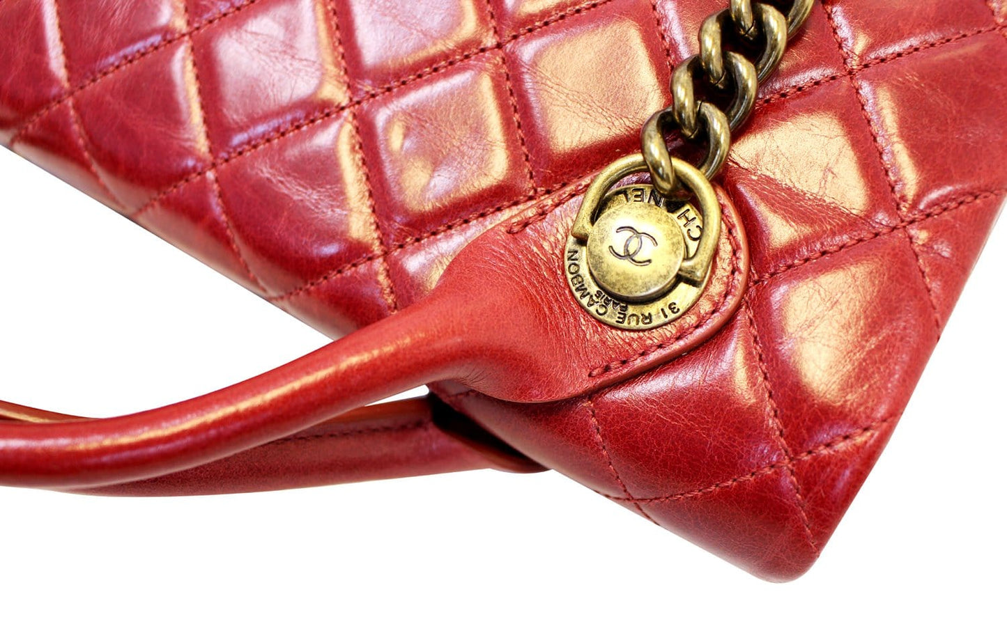 CHANEL Red Quilted Glazed  Leather Large Castle Rock Top Handle Bag