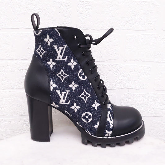 LOUIS VUITTON DENIM AND LEATHER LOGO BOOTS WITH BLOCK HEEL - SIZE 39