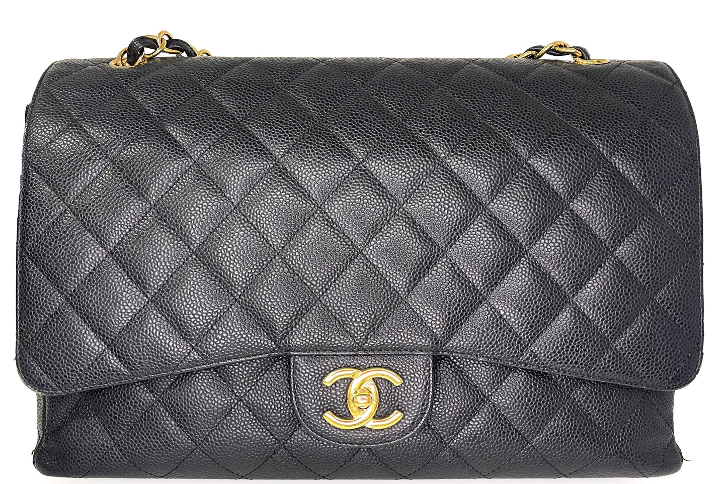 CHANEL CLASSIC FLAP MAXI FLAP (1534xxxx) BLACK CAVIAR GOLD CHAIN, WITH  & DUST COVER