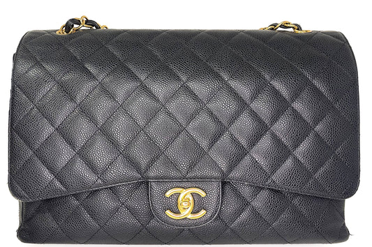 CHANEL CLASSIC FLAP MAXI FLAP (1534xxxx) BLACK CAVIAR GOLD CHAIN, WITH  & DUST COVER