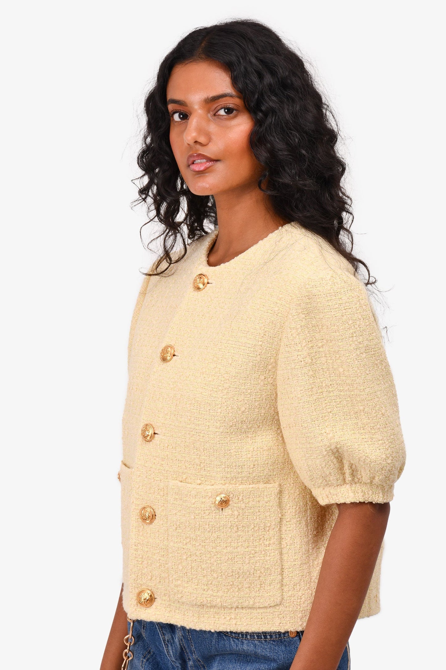 Celine Yellow Wool Tweed Puffed Sleeve Jacket Size 38