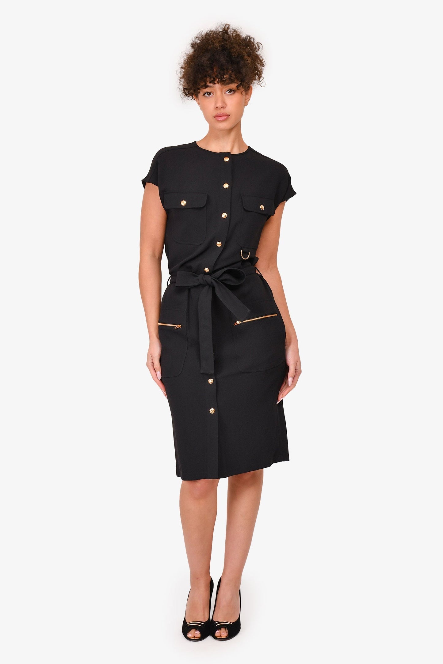 Celine Black Pocket Detailed Button Up Midi Dress Size 34 With Belt