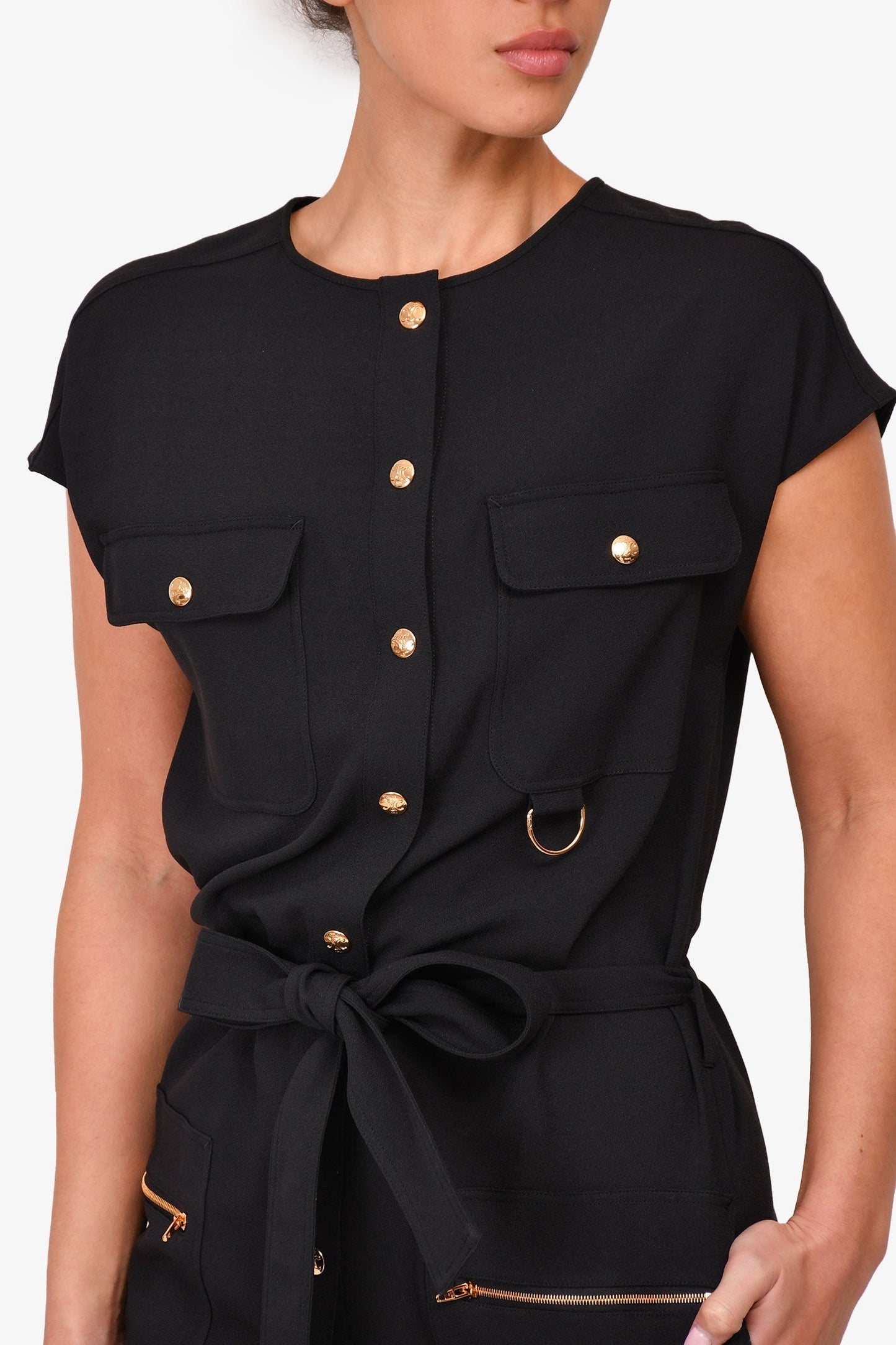 Celine Black Pocket Detailed Button Up Midi Dress Size 34 With Belt