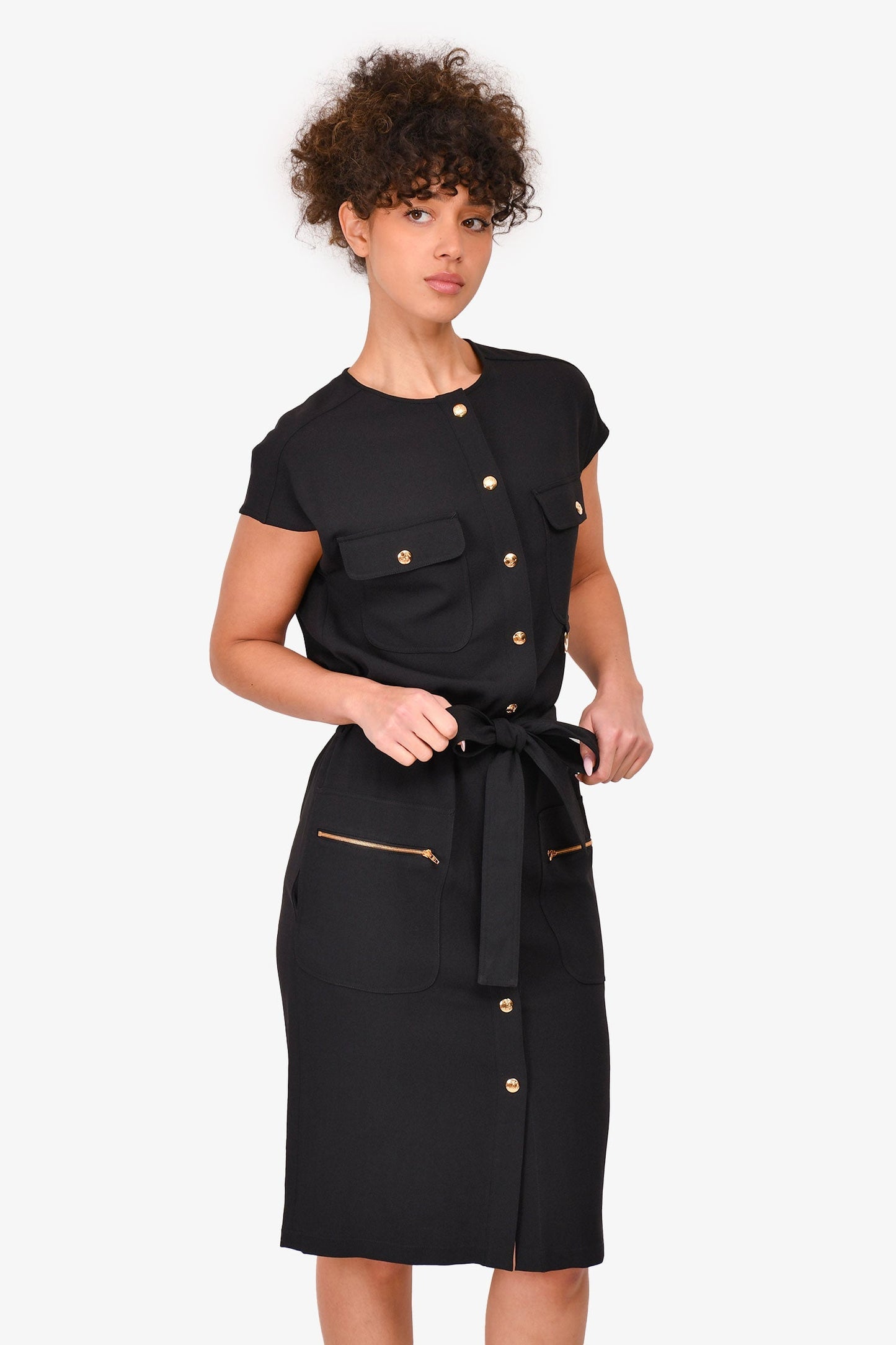 Celine Black Pocket Detailed Button Up Midi Dress Size 34 With Belt