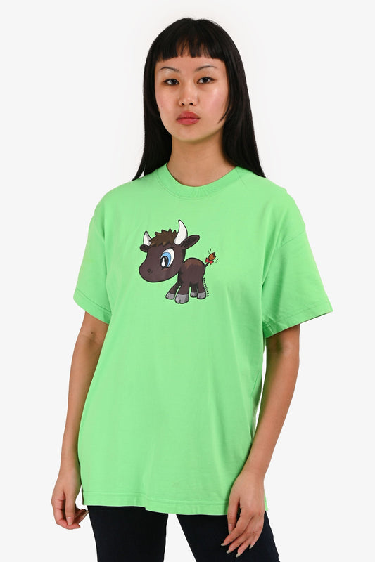 Balenciaga Green Little Cow Print Cotton T-Shirt Size S