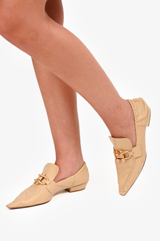 Bottega Veneta Beige Crinkled Leather Pointed Toe Loafers Size 40