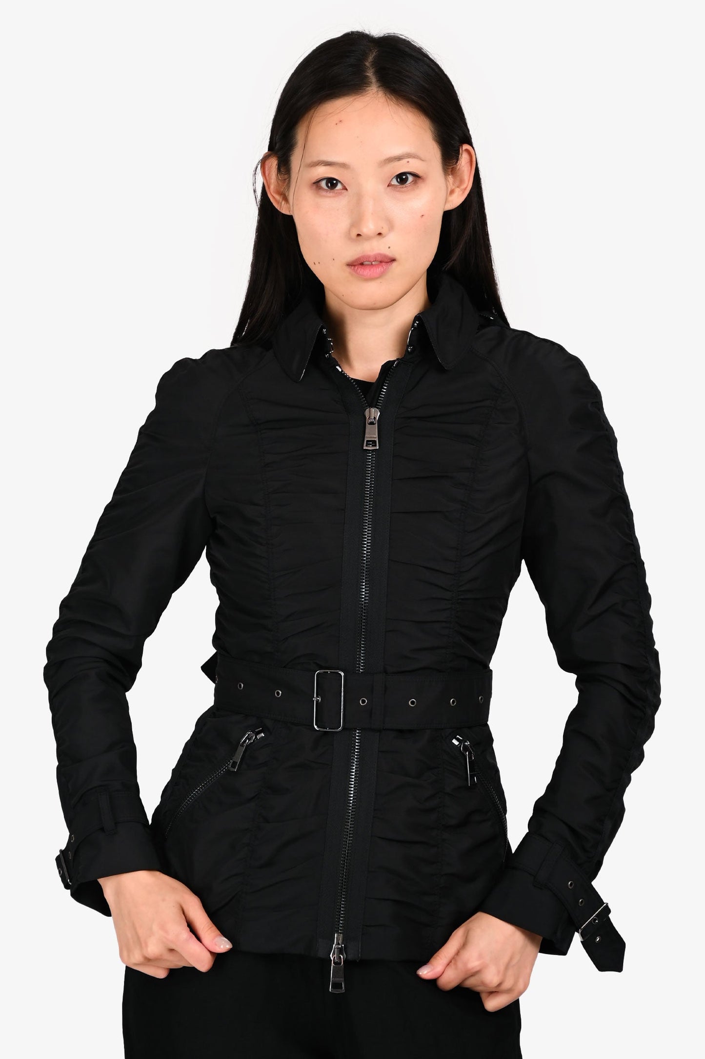 Burberry London Black Ruched Hooded Jacket Size 2 US