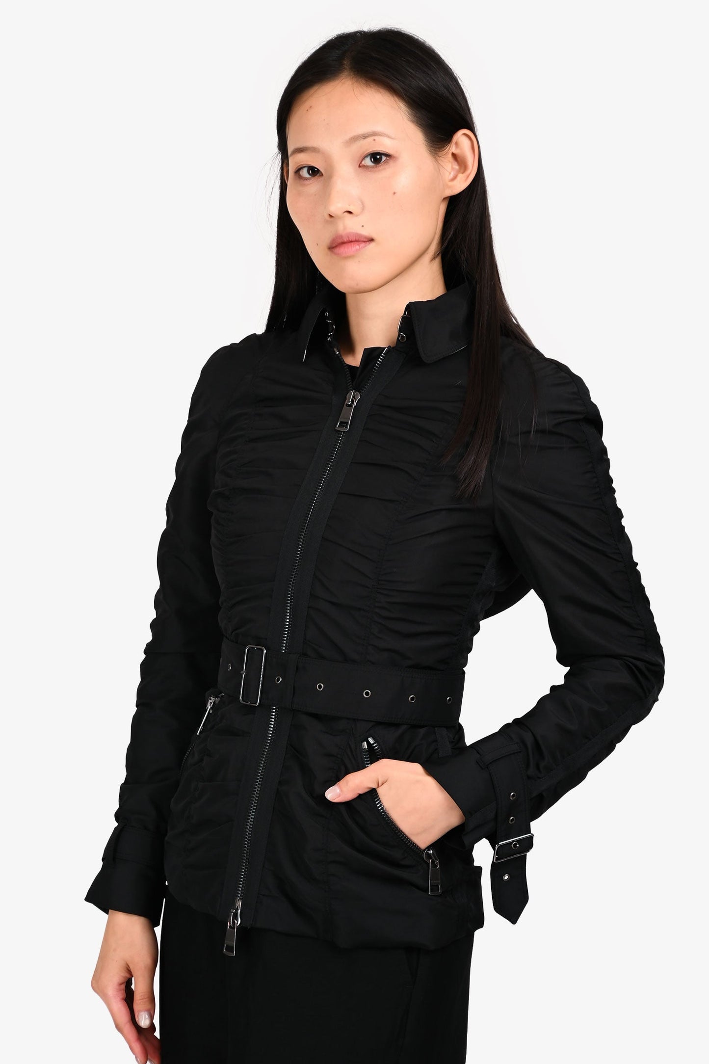 Burberry London Black Ruched Hooded Jacket Size 2 US