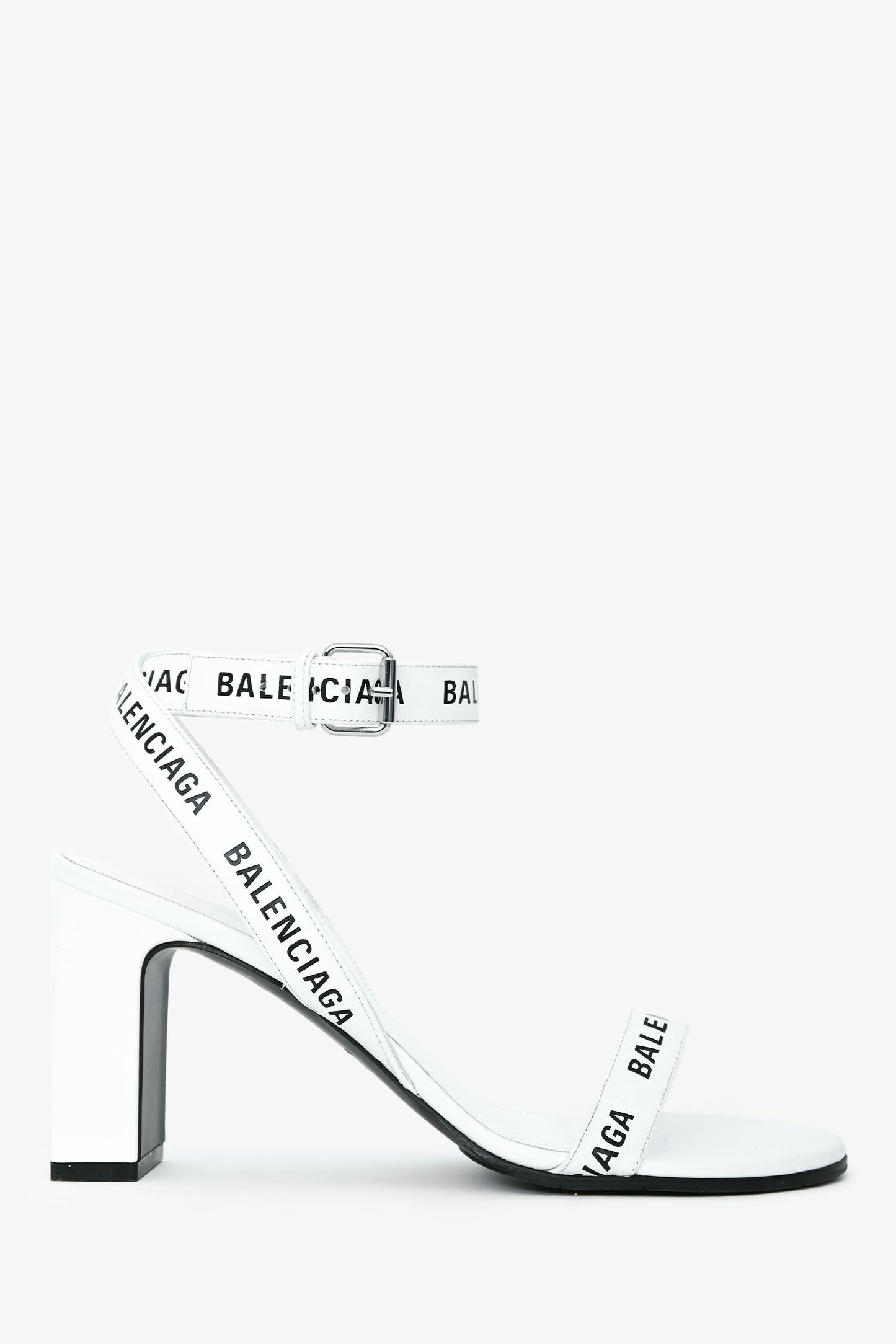 Balenciaga White Leather Logo Ankle Strap Heeled Sandals Size 39