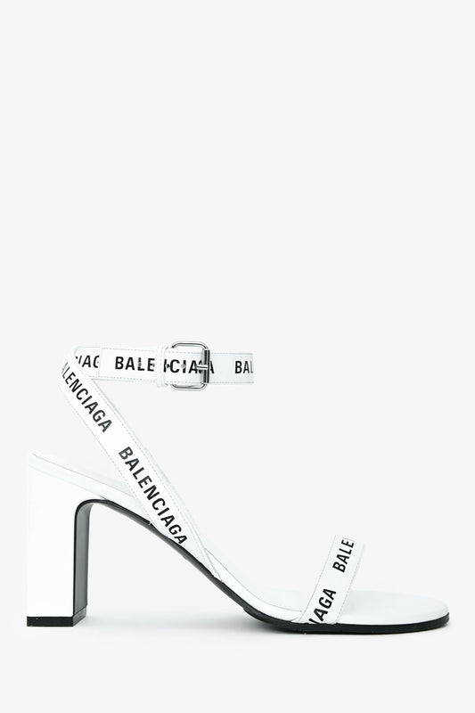 Balenciaga White Leather Logo Ankle Strap Heeled Sandals Size 39