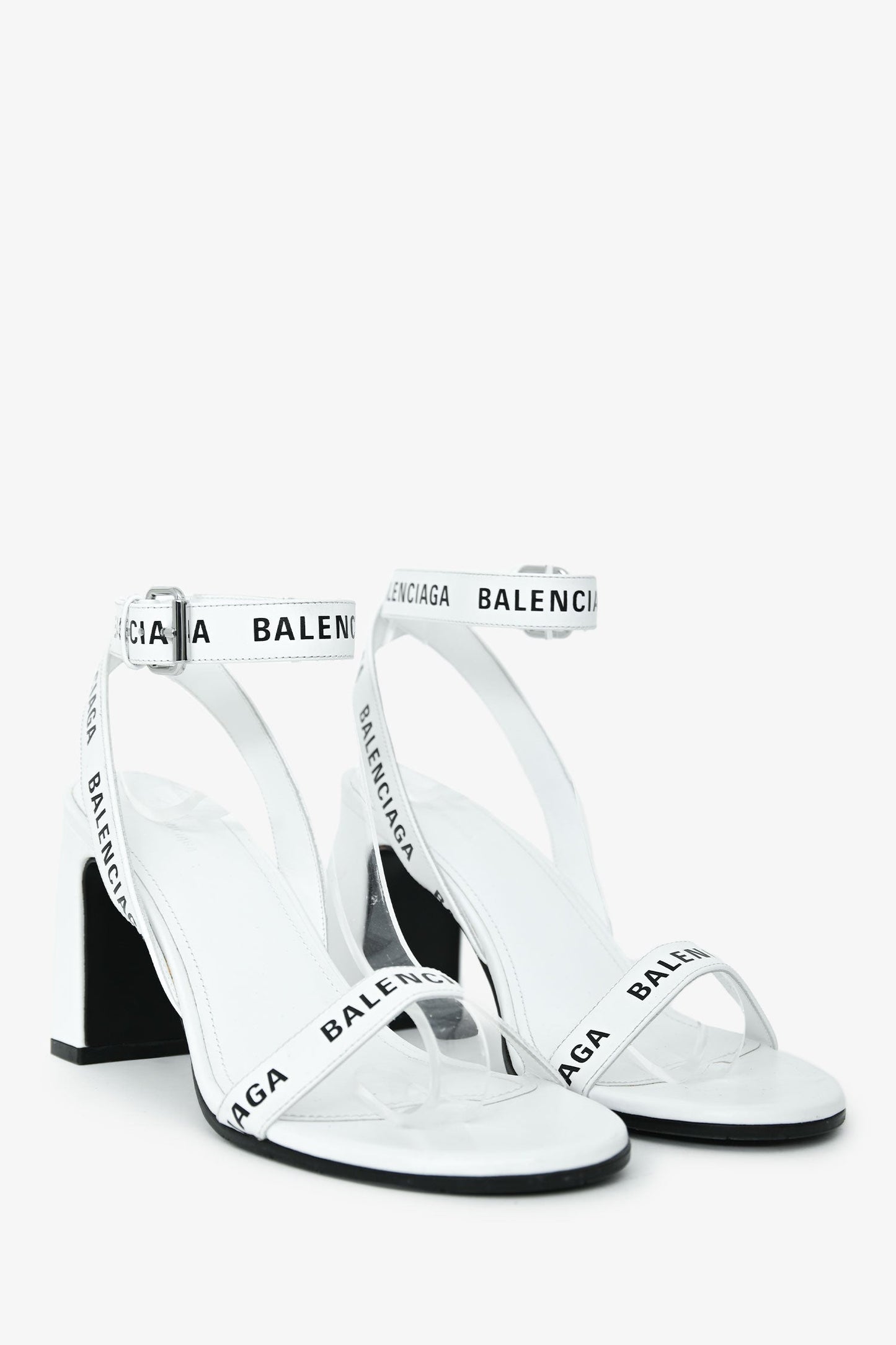 Balenciaga White Leather Logo Ankle Strap Heeled Sandals Size 39