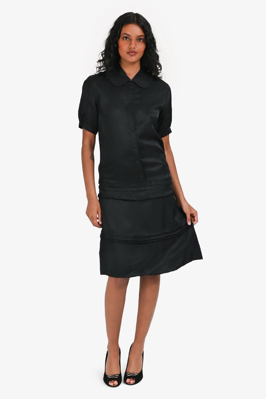 Celine Black Collared Frayed Short Sleeves Button Down Dress Size 36