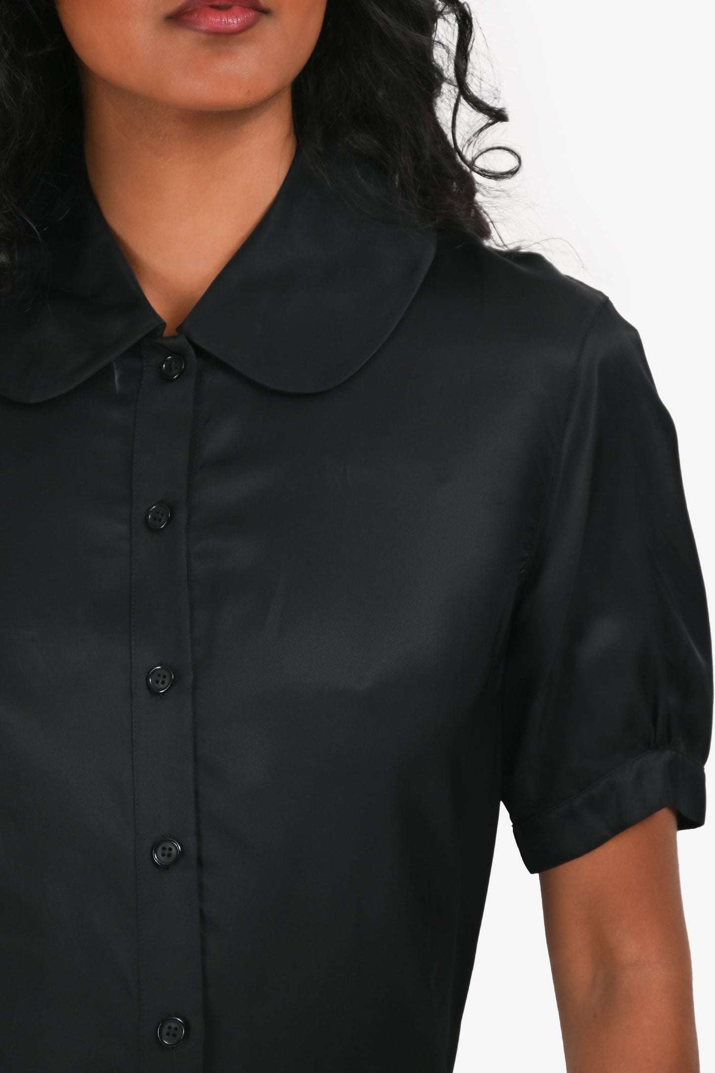 Celine Black Collared Frayed Short Sleeves Button Down Dress Size 36