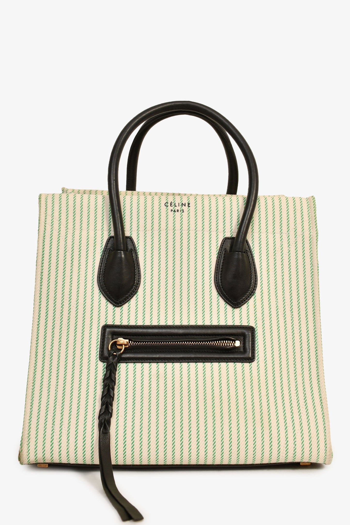 Celine Green/Cream Pinstripe Canvas Luggage Phantom Tote