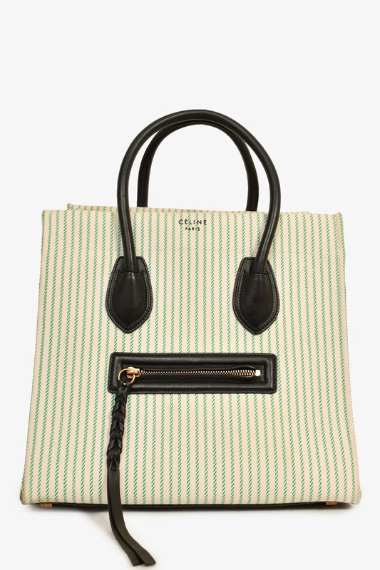 Celine Green/Cream Pinstripe Canvas Luggage Phantom Tote