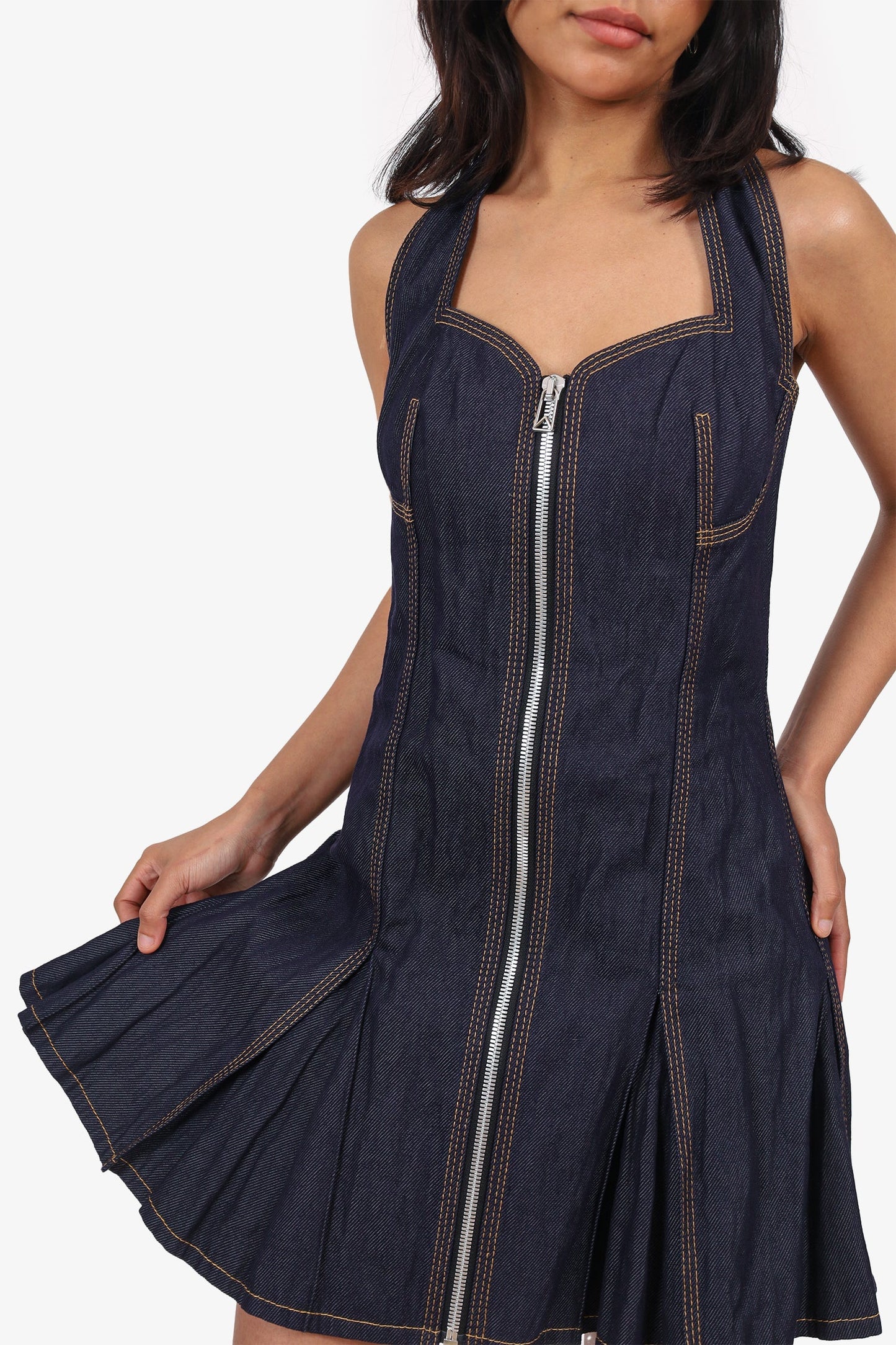 Bottega Veneta Navy Denim Zip-up Halter Neck Mini Dress Size 38