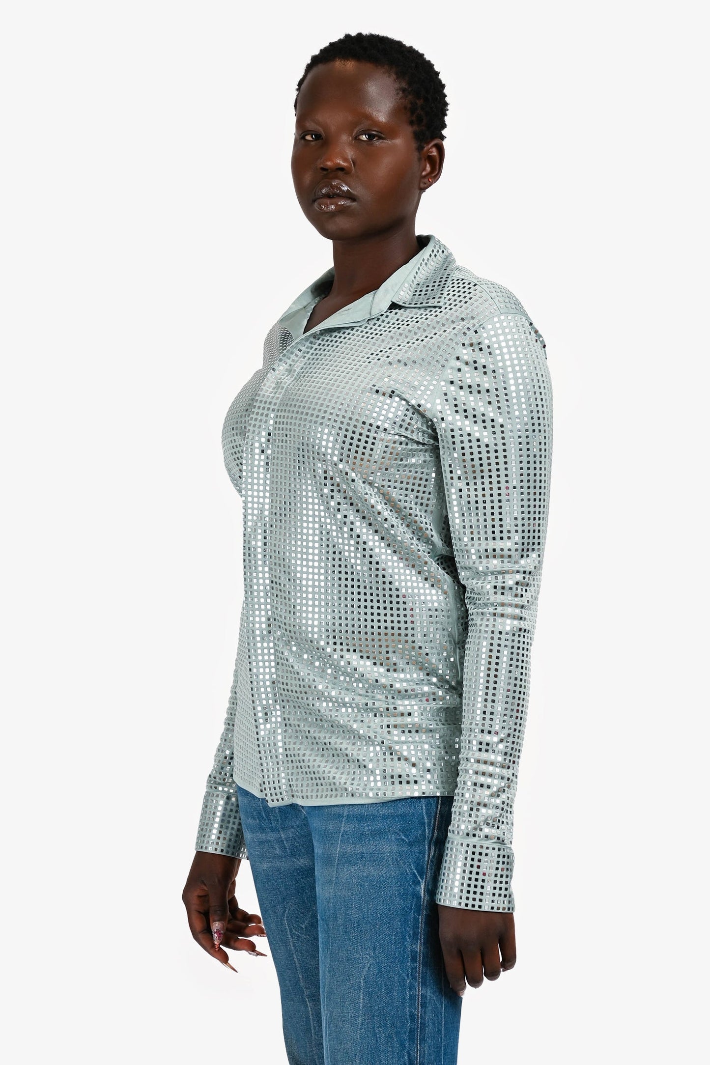 Bottega Veneta Fall 2019 Blue Sequin Button Up Top Size 42