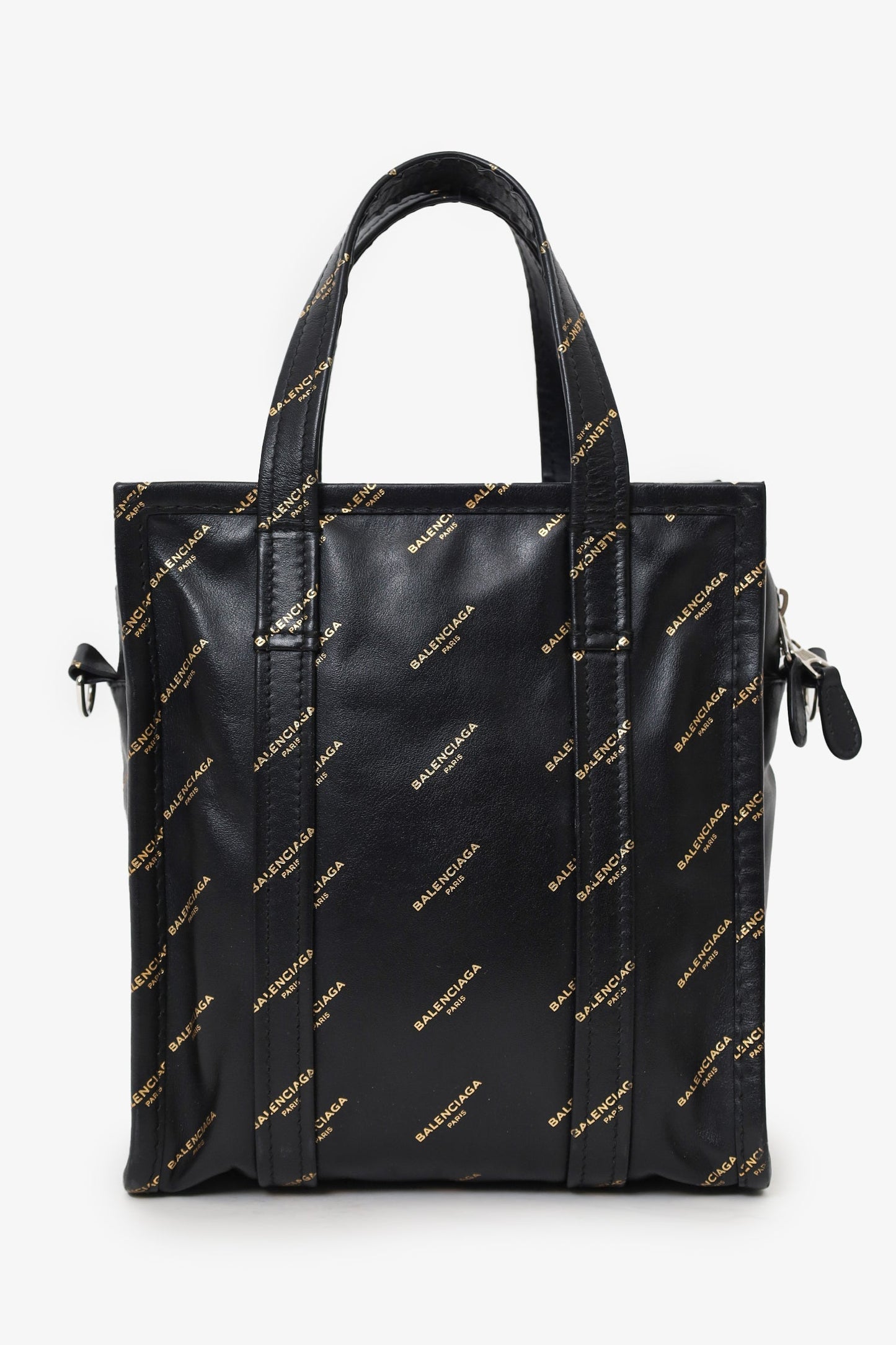Balenciaga Black Leather/Gold Logo 'Bazar' XS Shopper Tote With Strap