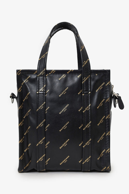 Balenciaga Black Leather/Gold Logo 'Bazar' XS Shopper Tote With Strap