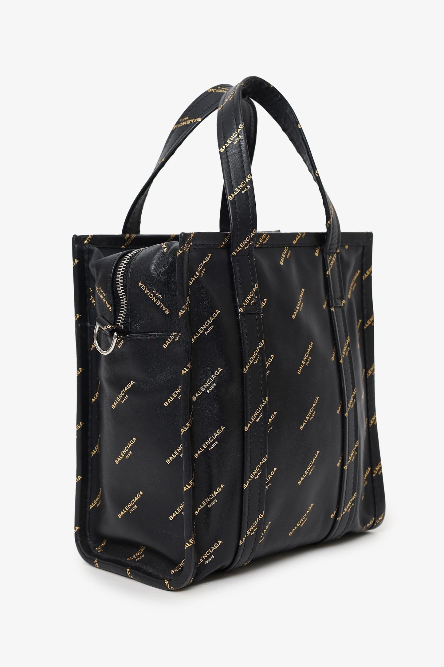 Balenciaga Black Leather/Gold Logo 'Bazar' XS Shopper Tote With Strap