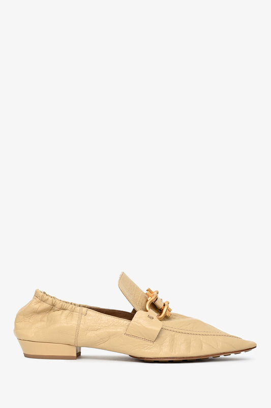 Bottega Veneta Beige Crinkled Leather Pointed Toe Gold Buckle Flats Size 39