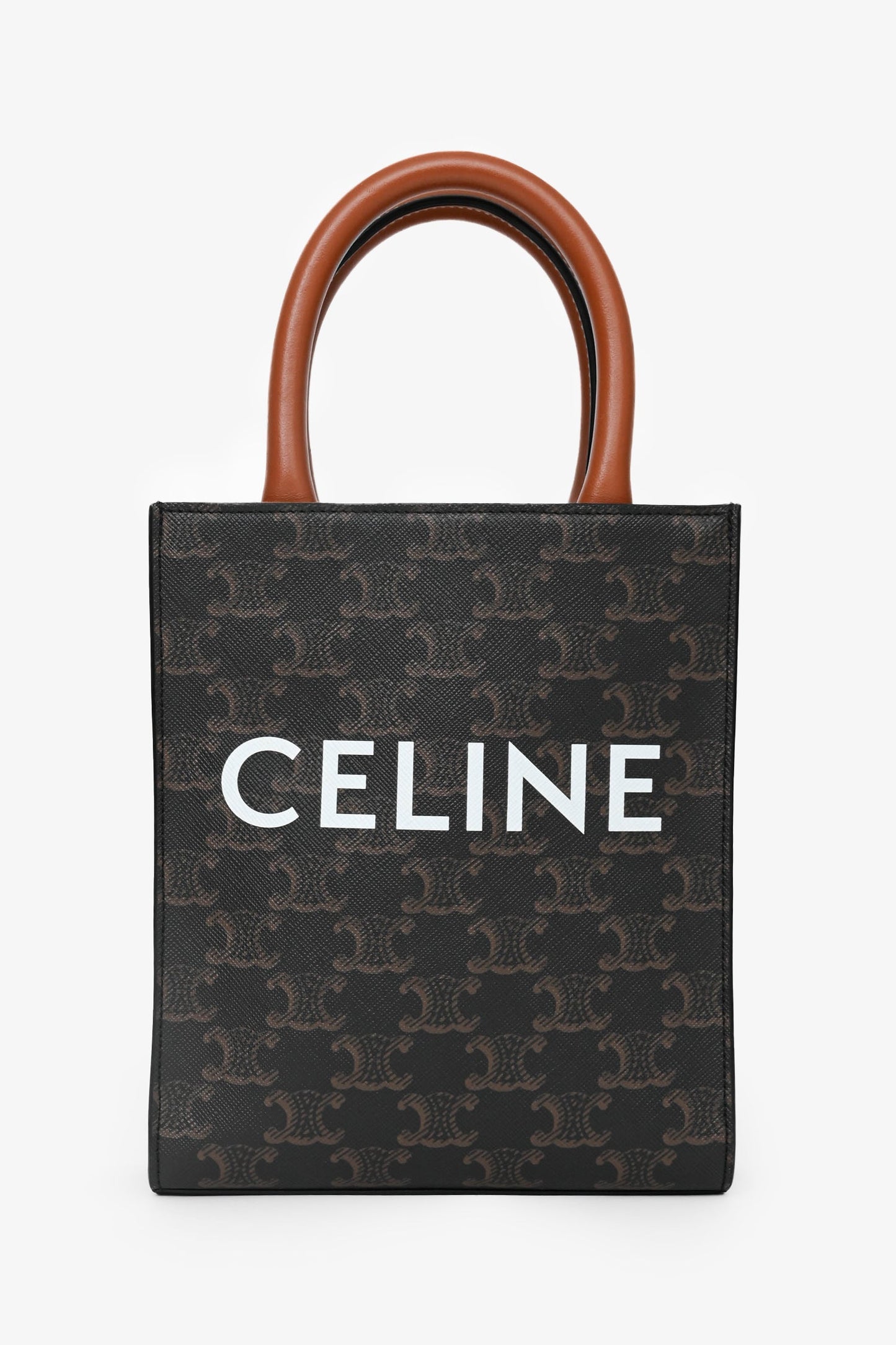 Celine 2021 Brown Canvas/Leather Mini Triomphe Vertical Cabas Tote with Strap
